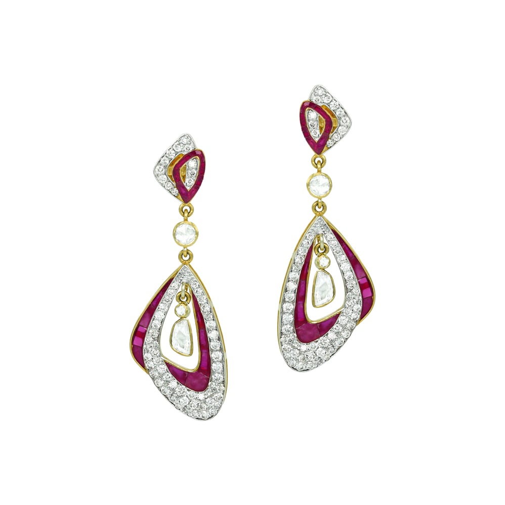 Ruby Colourstone Inlay Drop Earrings with Polki Center and Diamond Accents